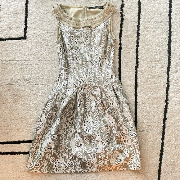 ZARA Cream Gray Gem Embellished Patterned Mini Fit and Flare Dress - Picture 2 of 8